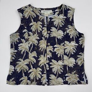 Pineapple Moon Silk Sleeveless Button-Up Blouse Floral Tropical Navy Beige M